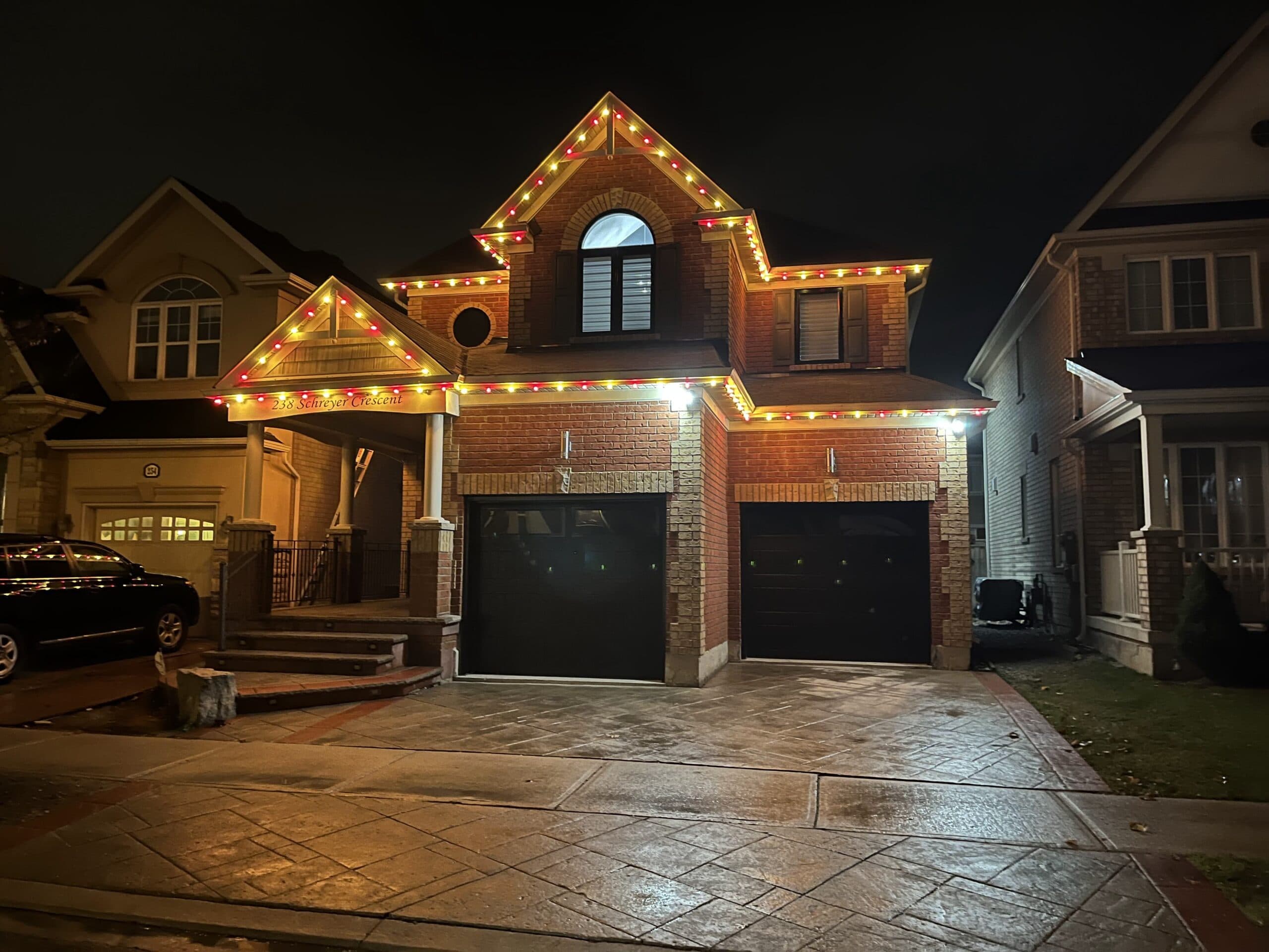 Ingersoll Ontario home with professional Christmas lighting on roofline